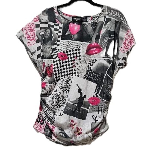 BLACK GREY WHITE PINK LIPS KISS RUCHED GRAPHIC SHORT SLEEVE TOP TEE 1X - Picture 1 of 3